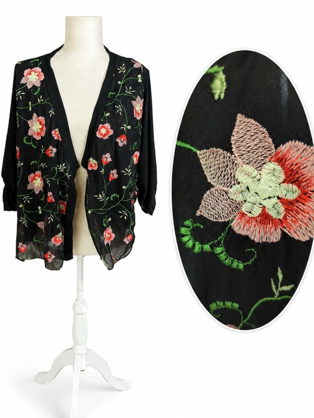 Black Romantic Floral Embroidered Mesh Open Cardigan Boho Chic Feminine Sz M
